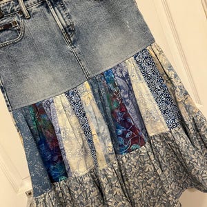 Denim Skirt Western Skirt Repurposed Denim Skirt Hippie Skirt Blue Floral Country Chic Skirt Ladies Size 7 Friendship Gift Birthday Gift