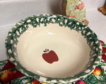 Antique Apple Vegetable Bowl 9 1/4" Genuine Stoneware White Red Green Sponge ! 
