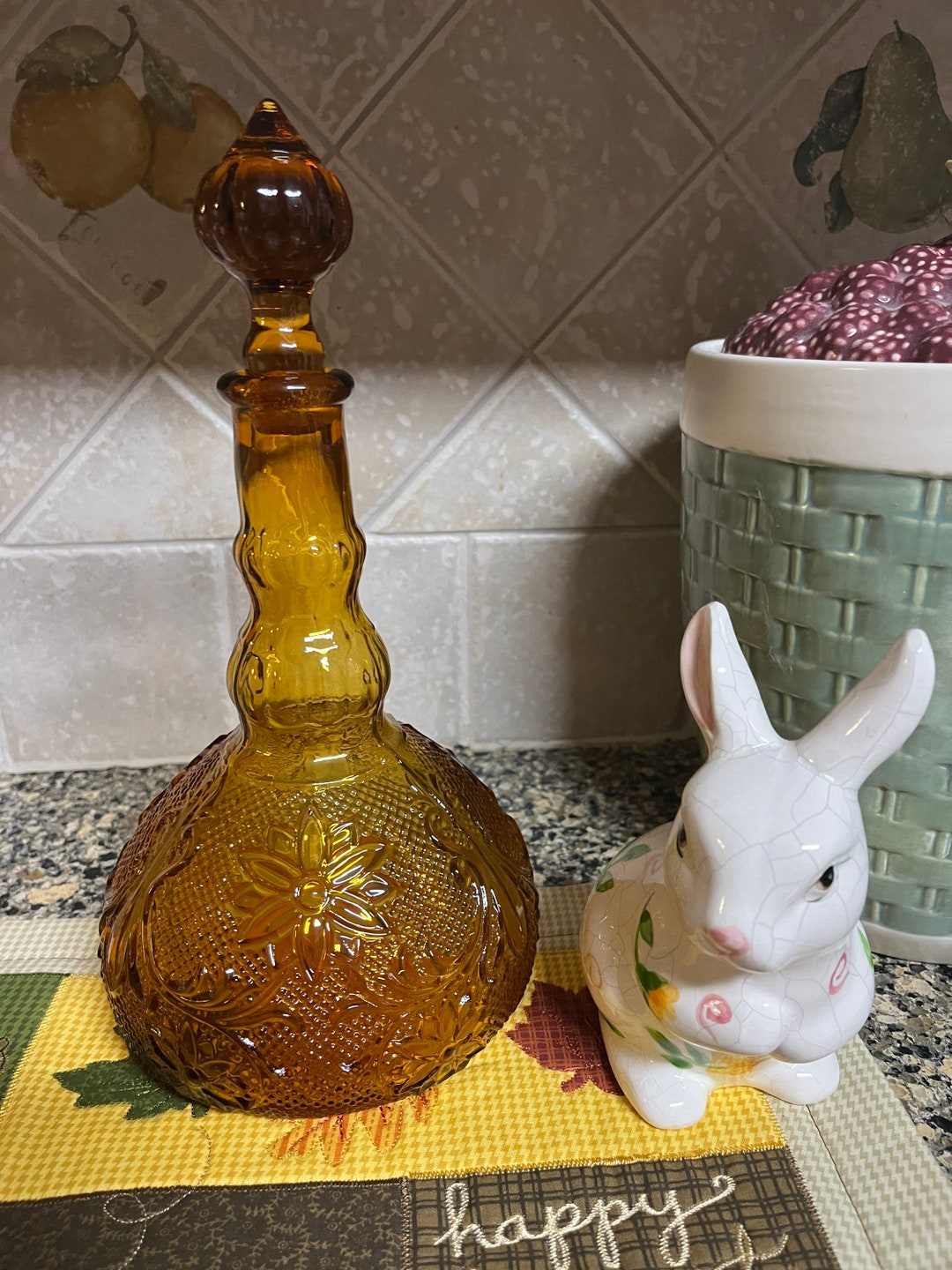 Vintage Tiara Glass Chantilly Decanter and Stopper Amber Glass Decanter