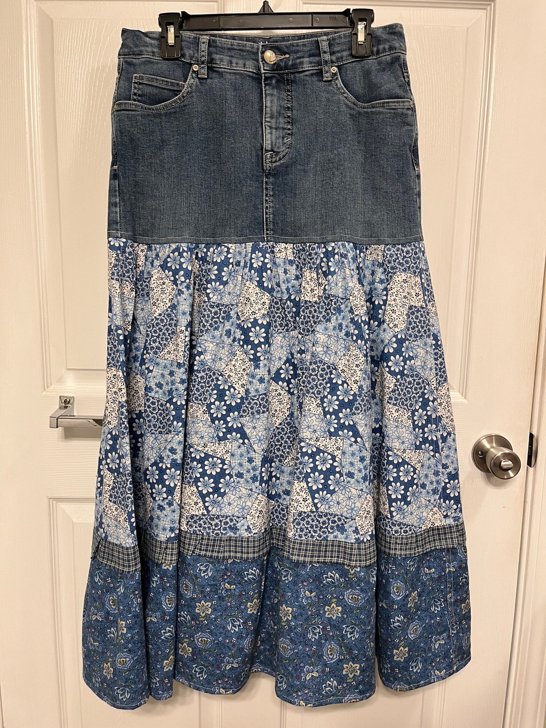 Denim Skirt Western Skirt Repurposed Blue Flower Denim Skirt Recycled ...