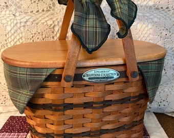 Vintage Longaberger Basket Fellowship Basket With Handles Plastic Liner Green Plaid Liner Lid Wooden Basket  Birthday Gift Housewarming Gift