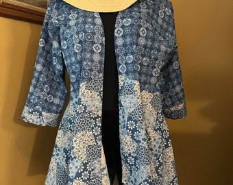 Jacket Fit N Flare Light Weight Cover Up Blue Boho Print Floral Fabric Ladies Size Large Friendship Gift Birthday Gift Christmas Gift