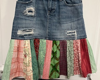 Repurposed Denim Skirt Mini Pixie Style Blues and Pinks Friendship Gift Birthday Gift Christmas Gift Ladies Size 8 Boho Skirt Gypsy Skirt