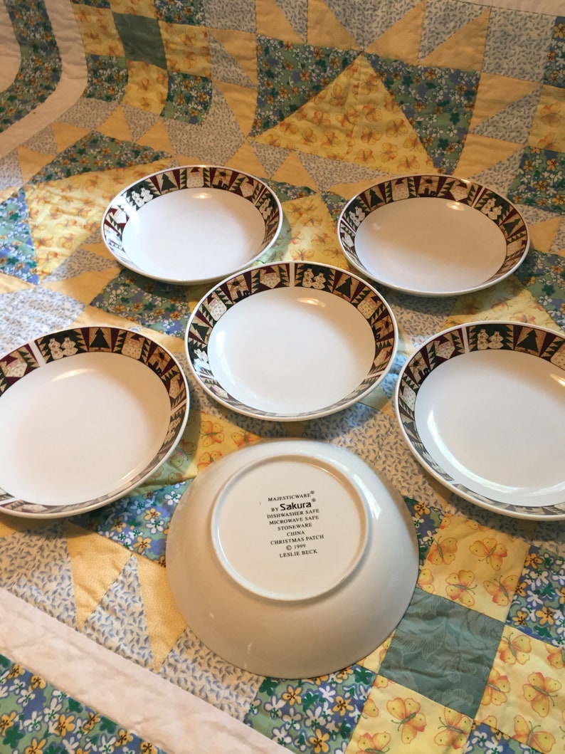 Vintage Christmas Patch 6 Piece Soup or Salad Bowl Set Leslie Beck Sakura Majesticware