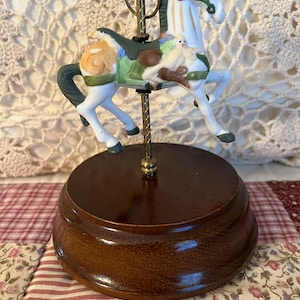 Vintage Carousel Pony Music Box: White and Green Figurine