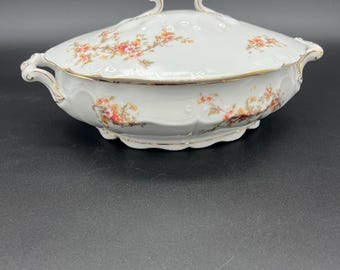 LS&S Carlsbad Austria Covered Vegetable Bowl Antique Vegetable Bowl Dainty Yellow, Pink and White Floral Bowl