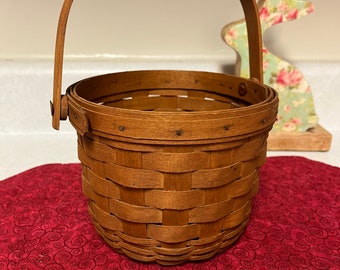 Vintage Longaberger Wooden Woven Round Basket Pivoting Handle Easter Basket Wedding Gift Friendship Gift Birthday Gift