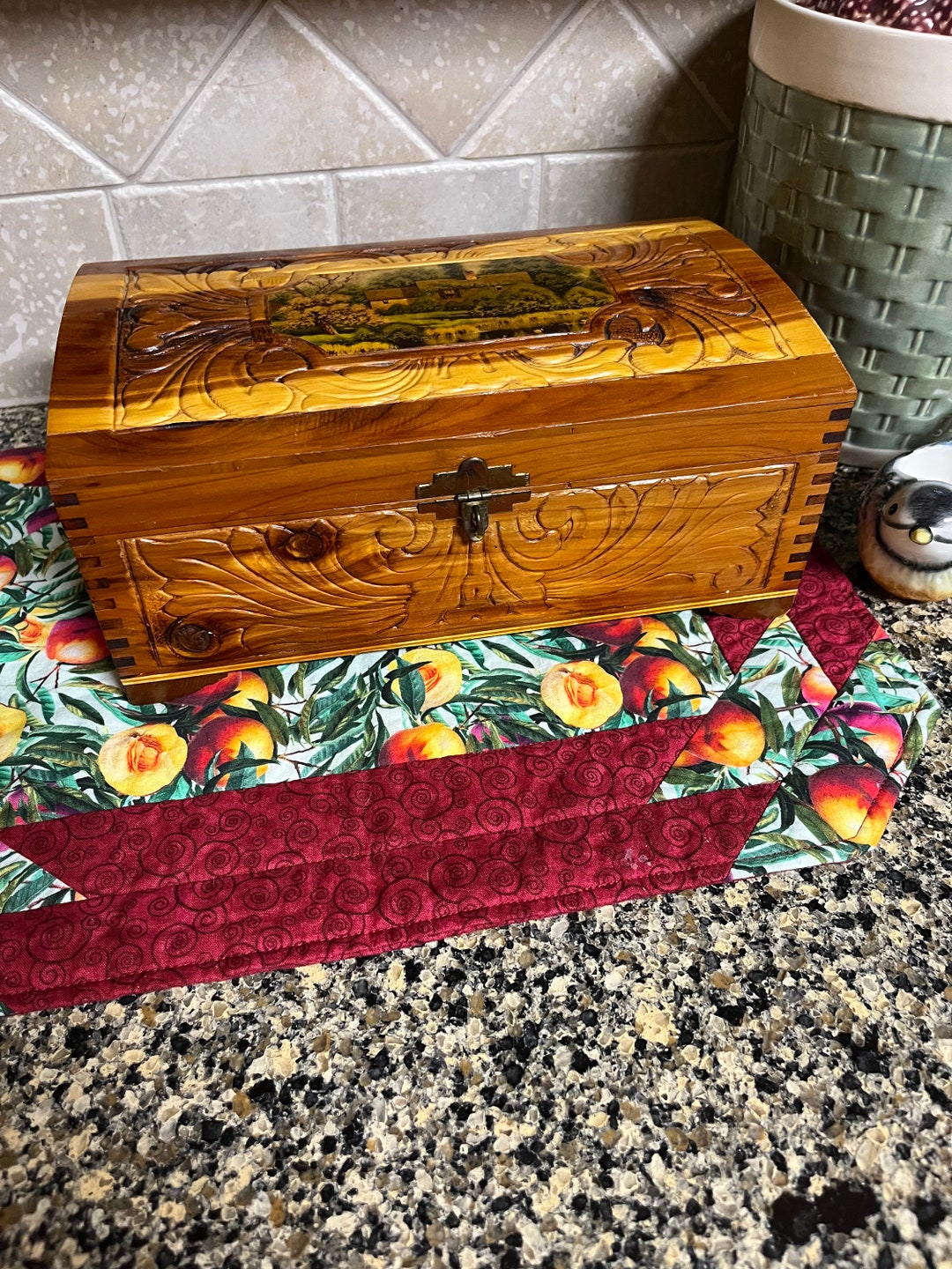 Vintage Cedar Jewelry Box With Cottage Scene on Top Mother's Day Gift Friendship Gift Birthday