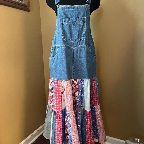 Dress Overalls Repurposed Denim Western Overalls Blue and Pink Patchwork Denim Skirt Overalls Boho Denim Hippie Ladies Size 12