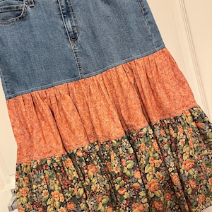 Denim Skirt Western Skirt Repurposed Denim Skirt Boho Skirt Hippie Skirt Black Floral Skirt Friendship Gift Birthday Gift Ladies Size Small