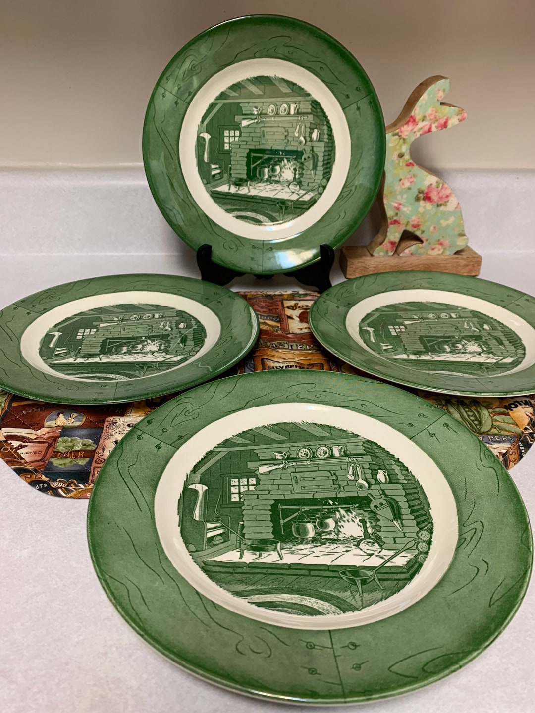 葉祥明　大皿1枚小皿5枚 House of Rila/Museum of Yoh Vintage Royal China Green Colonial Homestead Dinner Plate Set - Etsy