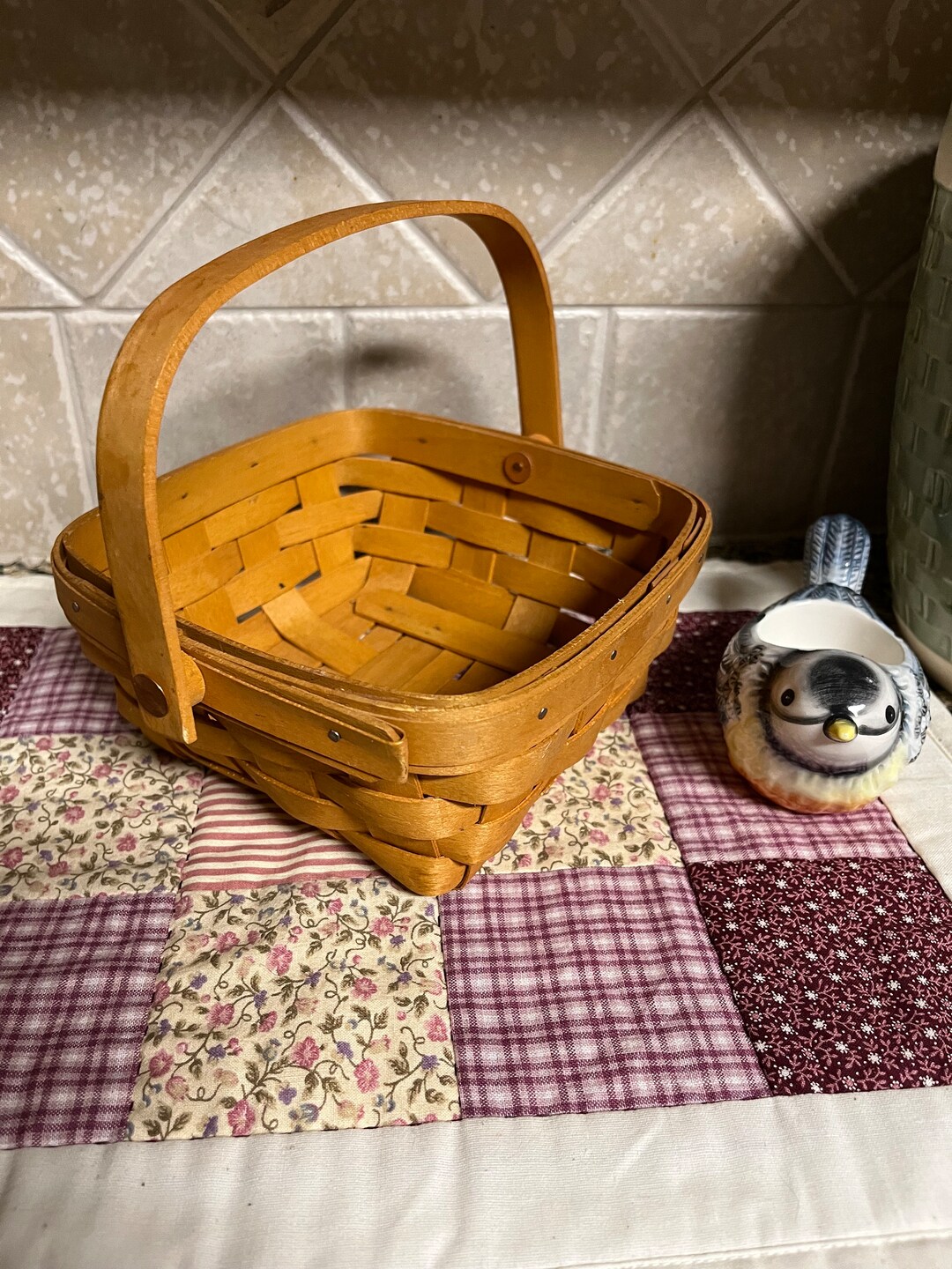 Vintage Longaberger Small Square Wooden Basket With Pivoting Handle