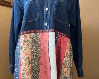 Repurposed Denim Shirt, Boho Quilted Peplum, Size Medium