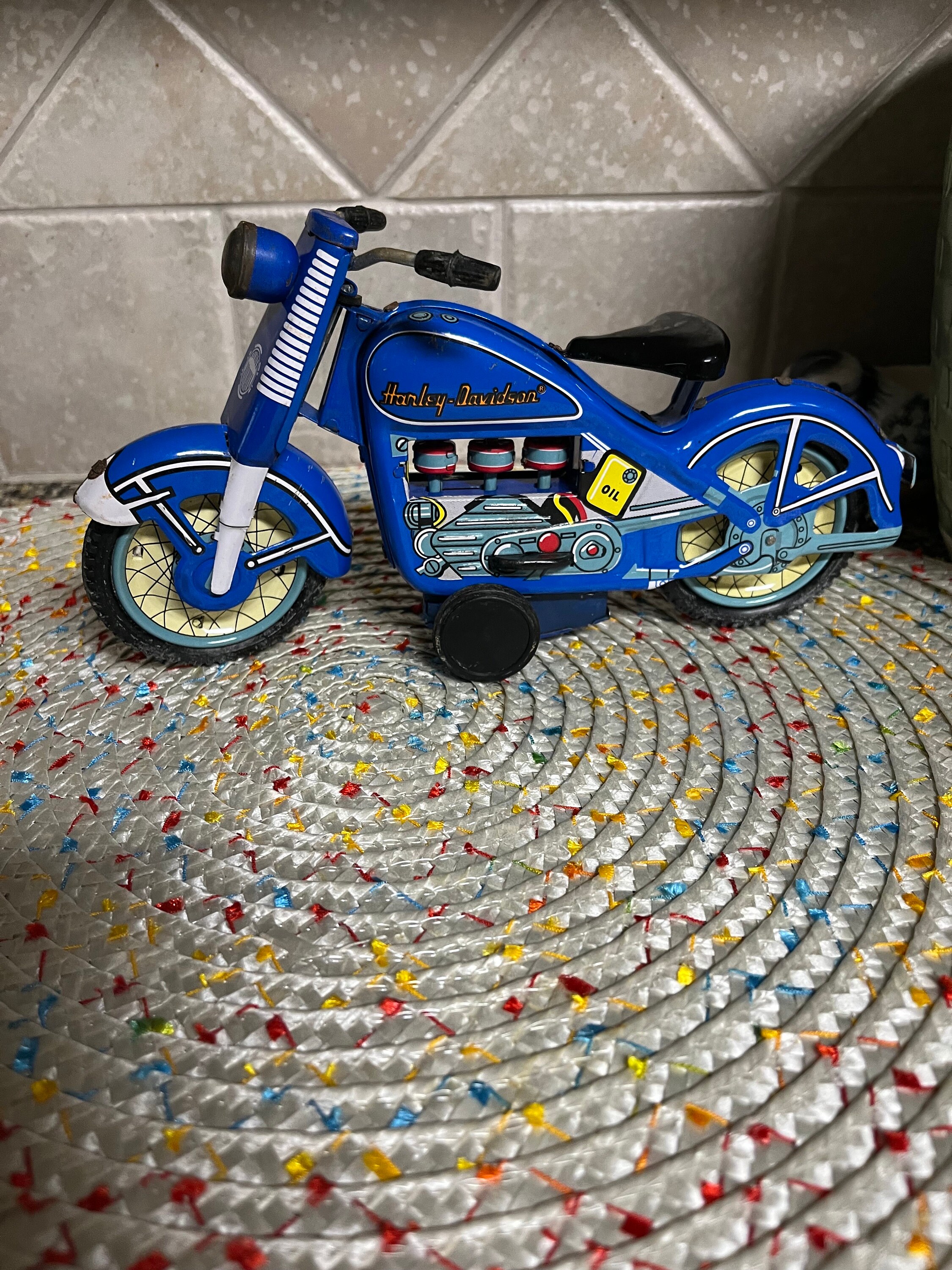 Vintage Xonex Reproduction Tin Toy Harley Davidson Motorcycle Blue
