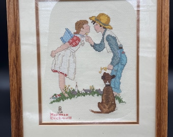 Norman Rockwell Picture Completed Cross Stitch. Young Love. Boy