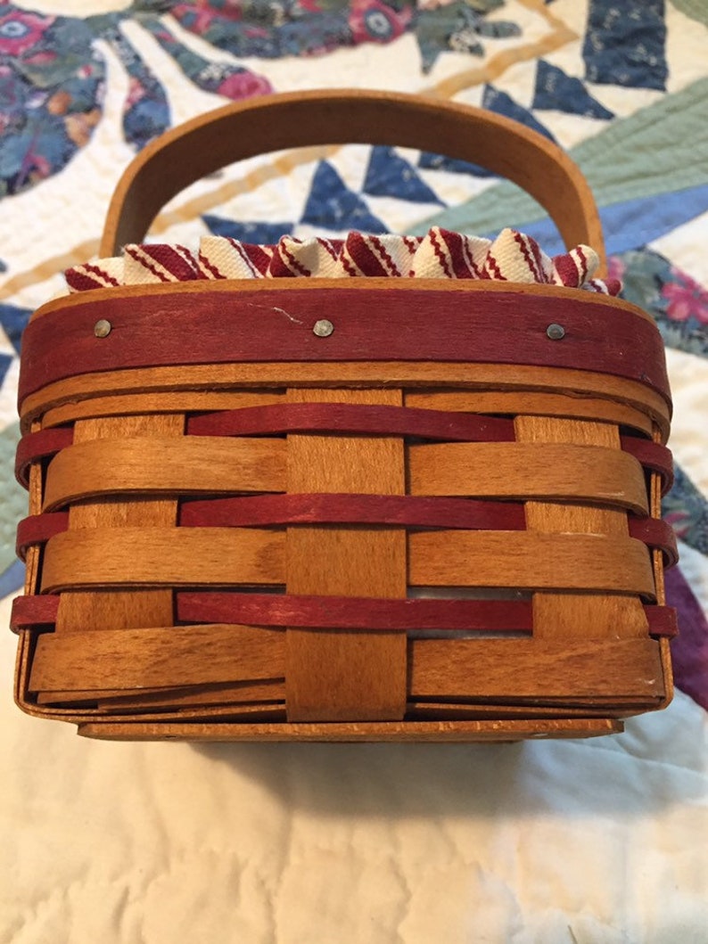 Vintage Longaberger Small Square Wooden Basket Burgundy Stipe Etsy