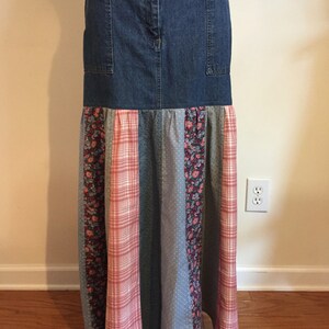 plaid and denim maxi skirt