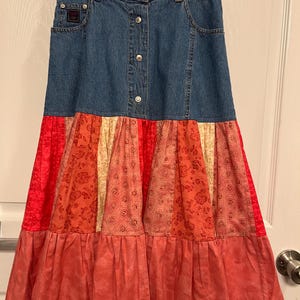 Denim Skirt Western Skirt Repurposed Denim Skirt Hippie Skirt Boho Skirt Coral Floral Skirt Ladies Size 2 Friendship Gift Birthday Gift