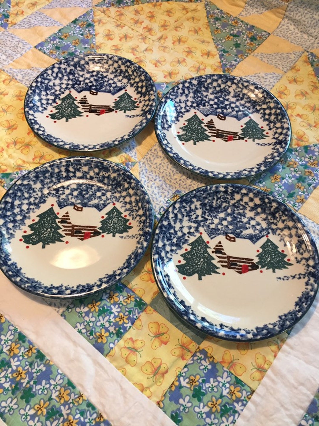 Vintage Tienshan Folk Craft Cabin in the Snow Dessert Plate Set 4