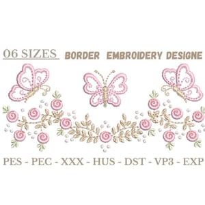 ピンクの花の刺繍デザイン - レースと蝶の機械刺繍の花 - ティータオル - すぐにダウンロード