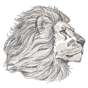 Peut inclure: Illustration détaillée d'une tête de lion de profil. L'œuvre présente une crinière et un visage beige clair avec des hachures croisées et un travail au trait complexes, sur fond blanc. Le regard du lion est tourné vers l'avant, mettant en valeur ses traits royaux.