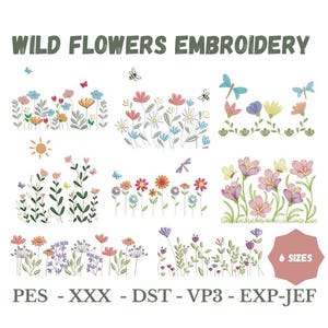 Motif de broderie fleurs sauvages, fleurs sauvages bohème, lot de 7 broderie fleurs sauvages, 6 tailles, téléchargement immédiat