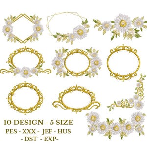 Op de afbeelding: Tien borduurontwerpen met gouden frames en bloemstukken met witte madeliefachtige bloemen. De ontwerpen omvatten verschillende vormen en maten. De tekst geeft aan dat de ontwerpen in vijf maten en bestandsformaten verkrijgbaar zijn.