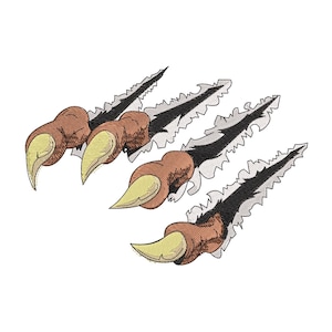 Peut inclure: Motif brodé de quatre griffes déchirant une surface. Les griffes sont marron avec des pointes jaunes, et la zone déchirée est noire et blanche. Le motif est sur fond blanc.