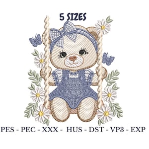 May include: An embroidered design of a teddy bear on a swing, surrounded by daisies and butterflies. The bear wears a blue dress and bow. The text "5 SIZES" is at the top. Below are embroidery file formats: PES, PEC, XXX, HUS, DST, VP3, EXP.