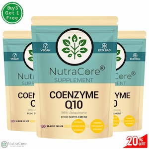 May include: Three pouches of Coenzyme Q10 supplement, labelled "NutraCore Supplement" with a green leaf logo. Each pouch is beige with a blue background and features the text "Coenzyme Q10 98% Ubiquinone Food Supplement" and "Made in UK". The pouches are stacked on top of each other, with the top pouch partially obscured by the text "Buy 3 Get 1 Free".