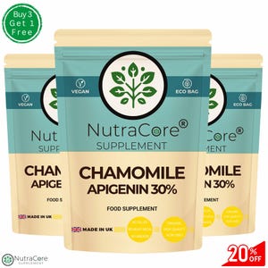 May include: Three pouches of NutraCore Chamomile Apigenin 30% supplement. The packaging is teal and beige, with the words "Vegan" and "Eco Bag" printed on the front. The text "Made in UK" is also visible. A green circle indicates "Buy 3 Get 1 Free".