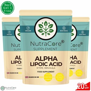 Könnte beinhalten: Drei Beutel Alpha-Liponsäure-Nahrungsergänzungsmittel, ein veganes, biologisches und gentechnikfreies Nahrungsergänzungsmittel. Die Beutel sind mit dem Markennamen "NutraCore" und dem Produktnamen "Alpha-Liponsäure" gekennzeichnet. Die Beutel werden in Großbritannien hergestellt und haben einen Rabatt von 20%.