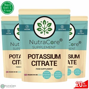 May include: Three pouches of NutraCore Potassium Citrate food supplement. Each pouch is teal and beige with the words "Potassium Citrate" and "Food Supplement" printed on the front. The pouches are labeled "Vegan" and "Eco Bag."