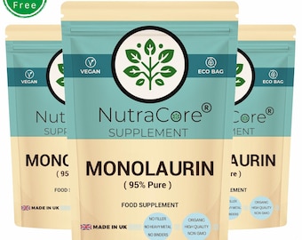 May include: Two bags of white powder supplement with a green leaf logo. The bag on the left is labeled "Nut Supp" and "MONC (95) FOOD: MADE IN UK". The bag on the right is labeled "NutraCore® SUPPLEMENT MONOLAURIN (95% Pure) FOOD SUPPLEMENT MADE IN UK NO FILLER NO HEAVY METAL NO BINDERS ORGANIC HIGH QUALITY NON GMO" and "Core® 1ENT AURIN re) EMENT ILLER Y METAL NDERS ORGANIC HIGH QUALITY NON GMO".