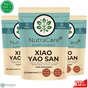 May include: Three pouches of NutraCore supplement, labeled "XIAO YAO SAN" with text including "Vegan," "Eco Bag," and "Made in UK." The pouches are light beige and teal, with a green and black logo. The image also includes a "Buy 3 Get 1 Free" offer.