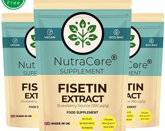 May include: Three bags of strawberry-flavored Fisetin Extract supplement, each bag is labeled with the brand name "NutraCore" and the words "Vegan" and "Eco Bag". The bags are made in the UK and contain 160 micrograms of Fisetin per gram.