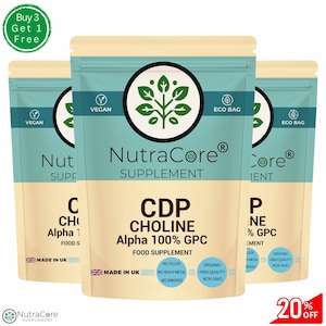 Puede incluir: Tres bolsas de suplemento alimenticio NutraCore CDP Choline Alpha 100% GPC. Las bolsas son de color beige y turquesa con las palabras "Vegan" y "Eco Bag" impresas. También es visible el texto "Made in UK". Un círculo verde con el texto "Buy 3 Get 1 Free" está en la esquina superior izquierda.
