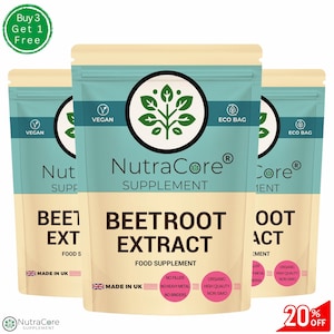 May include: Three pouches of beetroot extract powder supplement. The pouches are beige with green and white text. The text on the pouches reads "NutraCore Supplement", "Beetroot Extract", "Food Supplement", "Made in UK", "No Filler", "No Heavy Metal", "No Binders", "Organic", "High Quality", "Non GMO", and "20% Off".