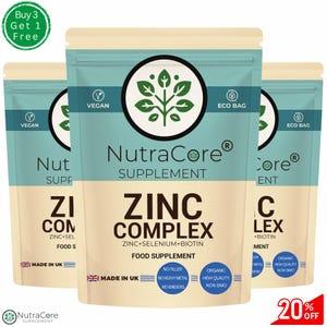 May include: Three pouches of NutraCore Zinc Complex supplement. Each pouch is light beige with a teal top and features the text "ZINC COMPLEX" and "FOOD SUPPLEMENT". The pouches also display "Vegan", "Eco Bag", and "Made in UK" labels. A green circle indicates "Buy 3 Get 1 Free".