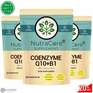 May include: Three pouches of NutraCore Coenzyme Q10+B1 supplement. The bags are light blue and beige with the words "VEGAN" and "ECO BAG" printed on them. The text "98% Ubiquinone" and "FOOD SUPPLEMENT" are also visible. A green circle with the text "Buy 3 Get 1 Free" is in the top left corner.