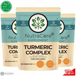 May include: Three beige pouches of NutraCore Turmeric Complex supplement with teal tops. Each pouch displays the brand logo, product name, and supplement facts. The packaging includes "Vegan" and "Eco Bag" labels, and "Made in UK" text.