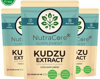 May include: Three pouches of Kudzu Extract supplement, a vegan, organic, and non-GMO product. Each pouch is labelled with the brand name "NutraCore" and features a green leaf logo. The pouches are made in the UK and offer a 20% discount.