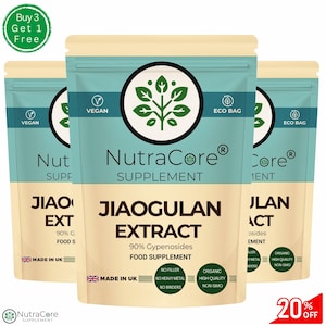 Puede incluir: Tres sobres de suplemento de extracto de Jiaogulan, un producto vegano, orgánico y sin OGM. Los sobres son verdes y blancos con el texto "NutraCore Supplement" y "Jiaogulan Extract 90% Gypenosides" impreso en ellos. Los sobres están sobre un fondo blanco con una pegatina roja y blanca "20% de descuento" en la esquina inferior derecha.