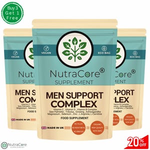Könnte beinhalten: Drei braune Beutel mit einem grünen Blattlogo und dem Text "NutraCore Supplement" auf der Vorderseite. Die Beutel enthalten ein Nahrungsergänzungsmittel für Männer zur Unterstützung. Der Text "Kaufe 3, erhalte 1 gratis" befindet sich in einem grünen Kreis oben im Bild. Der Text "20% Rabatt" befindet sich in einem roten Kreis unten rechts im Bild.