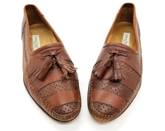 LORENZO BAFNI TASSEL Loafer Brown Eyelet Leather Slip-On Flats Women Size 12 Men Size 10