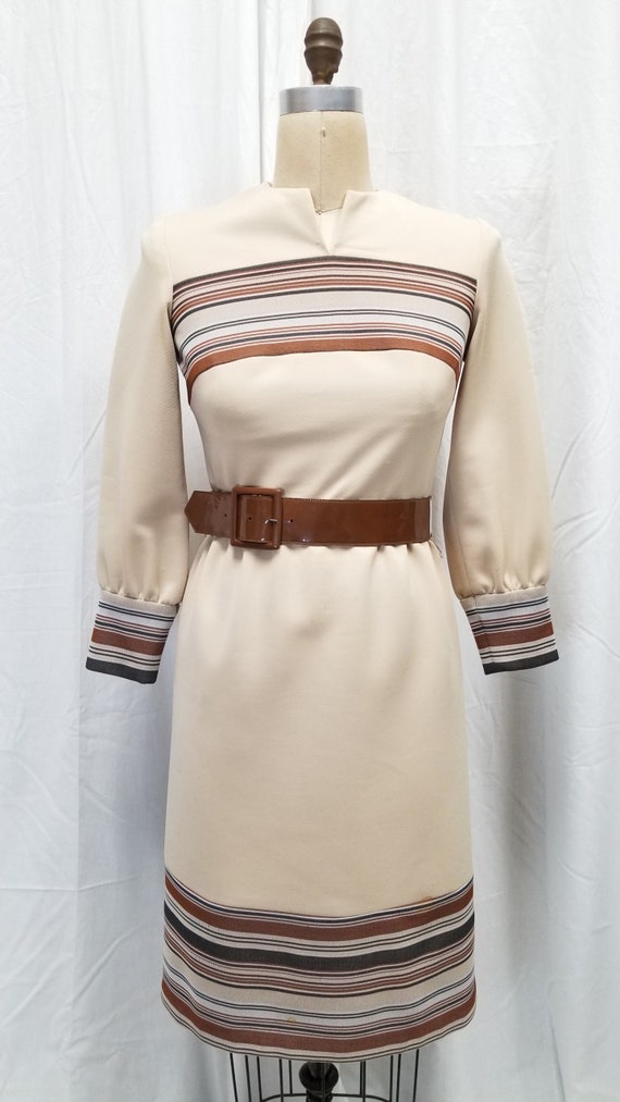 ALISON AYRES ORIGINAL Beige and Brown Border Stripe Double Knit Polyester Dress Size Medium