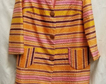 VTG MOD SWING Coat Maroon Orange Gold Pink Stripe Medium Size Button Down Jacket