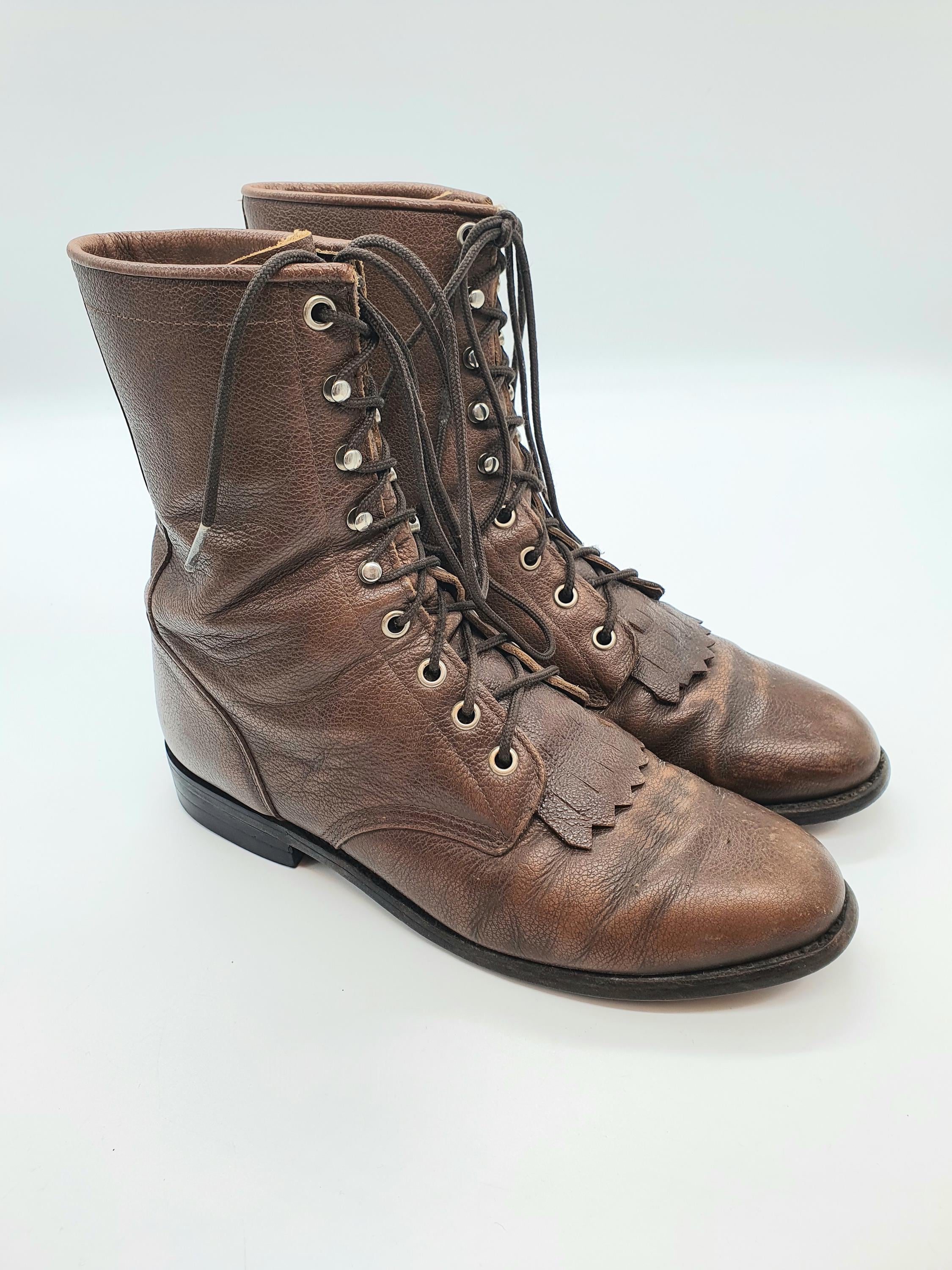 JUSTIN Brown Leather Lace up Cowboy Boots Kiltie Ropers  display picture 1