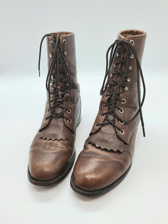 JUSTIN Brown Leather Lace up Cowboy Boots Kiltie Ropers  display picture 3