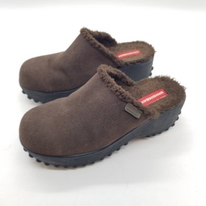 UNION BAY Brown Suede Faux Shearling Lined Chunky Platform Clogs Women Size 9